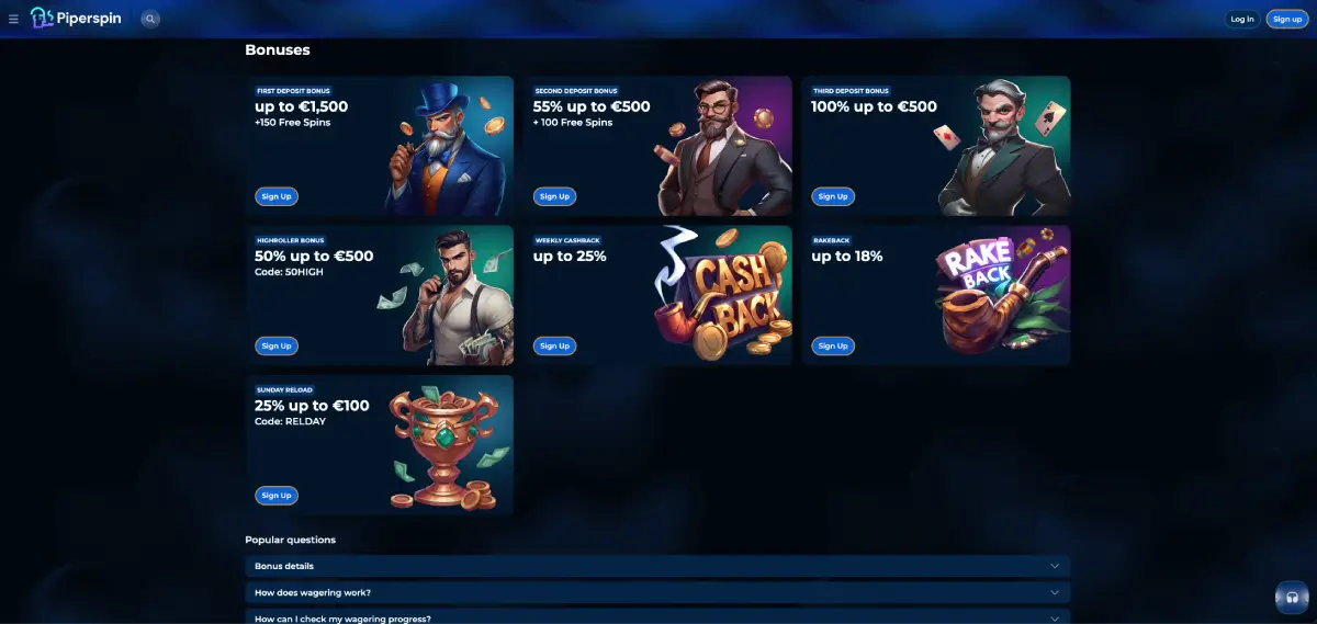Piperspin casino bonus offer up to £2,500 and free spins