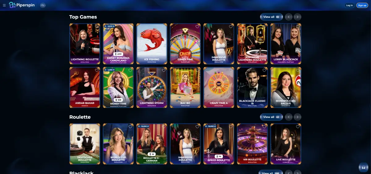 Piperspin live casino with roulette and blackjack tables