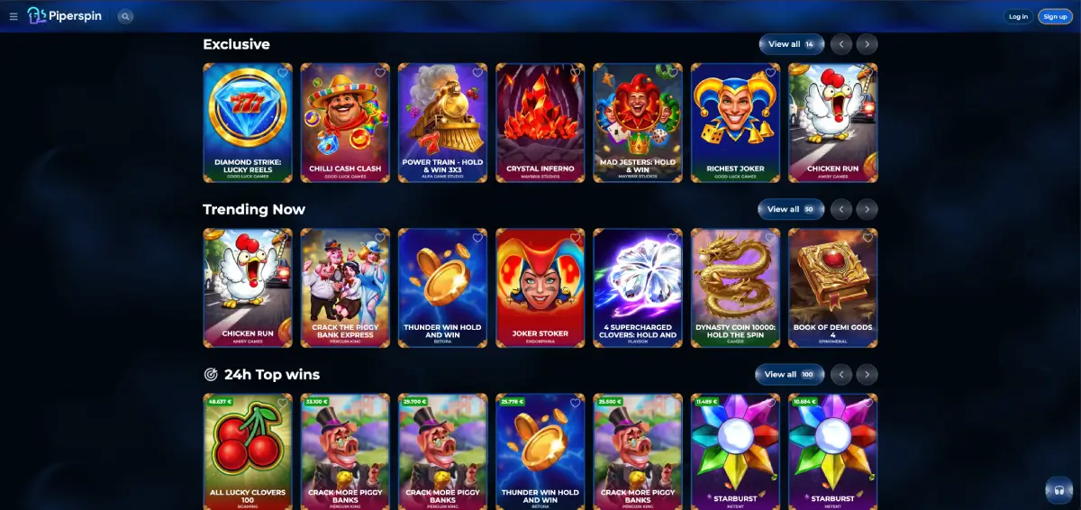 Piperspin casino slot lobby with popular games